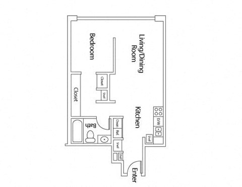 Floor plan for 1 bed, 1 bath, 626 sqft